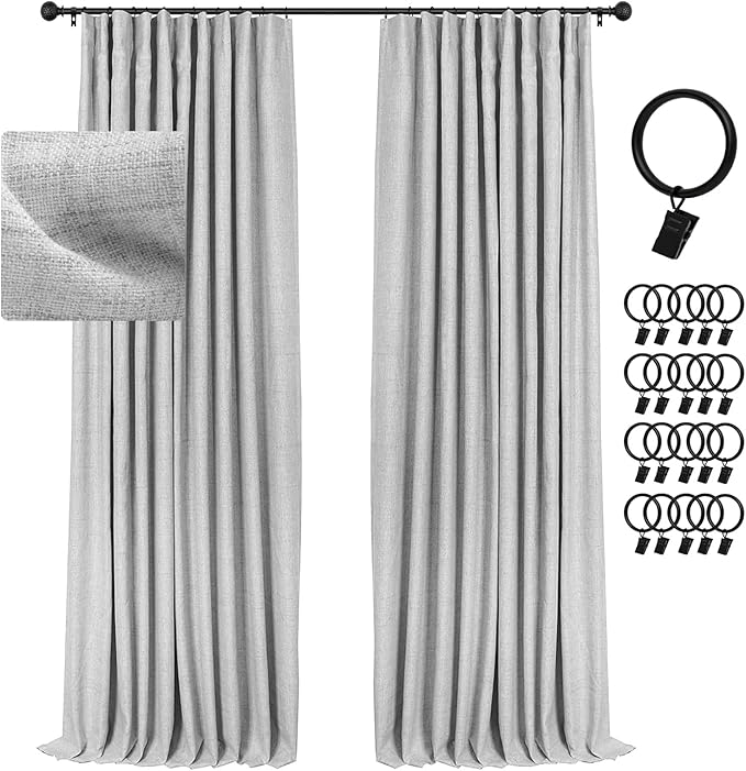 INOVADAY 100% Blackout Curtains for Bedroom, Black Out Curtains 72 Inch Long, Clip Rings Linen Blackout Drapes, Thermal Insulated Room Darkening for Living Room, 2 Panels - Grey,W50xL72