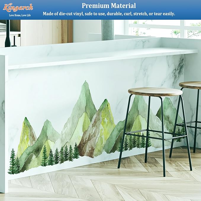 Large Mountain Wall Decals, Green Pine Tree Peel and Stick Vinyl Wall Stickers & Murals, Removable Home Room Wall Decor for Bedroom Living Room Bedroom Classroom Office Nursery