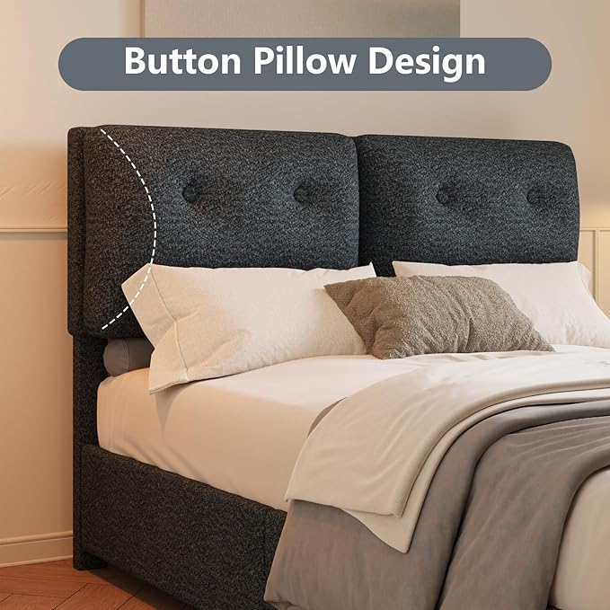 Full Size Bed Frame with Headboard, Cloud Boucle Upholstered Bed Frame, Modern Soft Style, Adjustable Headboard, No Box Spring Needed, Easy Assembly, Dark Grey