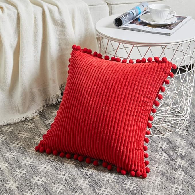 Fancy Homi Pack of 2 Boho Red Decorative Throw Pillow Covers with Pom-poms, Soft Corduroy Solid Square Cushion Cases Set for Couch Sofa Bedroom Car Living Room (20x20 Inch/50x50 cm, Christmas Red)