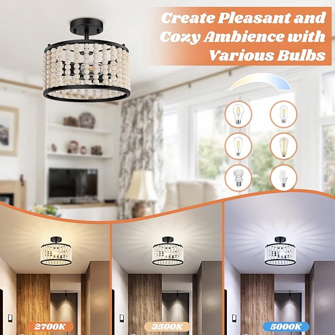 Farmhouse Boho Light Fixture - Wood Beaded Chandelier, Rustic Semi Flush Mount Ceiling Light, Black 2-Light Nursery Light Fixture for Kitchen Island Foyer Hallway Bedroom Living Room, E26 Base