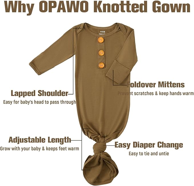 OPAWO Knotted Gown Baby Newborn Sleepers Baby Boy Coming Home Outfit, Bamboo Viscose Baby Gowns with Mitten Cuffs and Hat Set