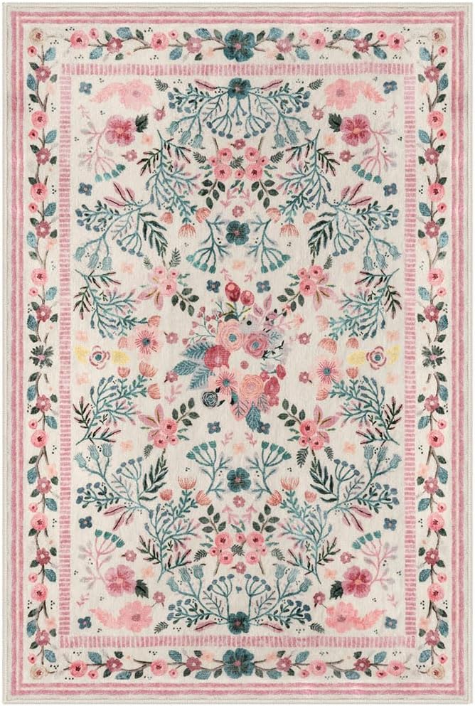 Rugs for Living Room 8x10, Pink Boho Thin Washable Non-Slip Area Rugs for Bedroom Girls, Soft Floral Low-Pile Nursery Carpet for Dining Room Kids Room Indoor Playroom, Pink/Multi