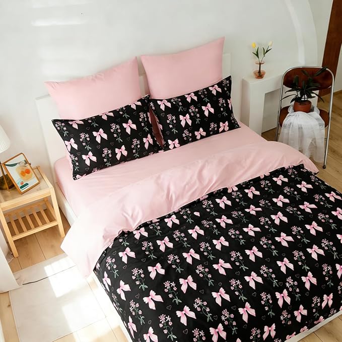 King Duvet Cover 3Pcs Black Pink Bow Bedding Set for Girls Kids, Cute Floral Bowknot Design, Super Soft 100% Microfiber Comforter Cover (2 Pillowcases, No Comforter)