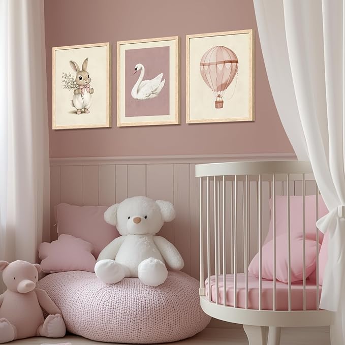Hianan Pink Baby Girl Nursery Wall Decor Cute Bunny Wall Art Cozy Rabbit Canvas Artwork Elegant Swan Poster Prints Vintage Hot Air Balloon Painting Prints for Kid's Room Baby Room Wood Framed 16"x24"x3