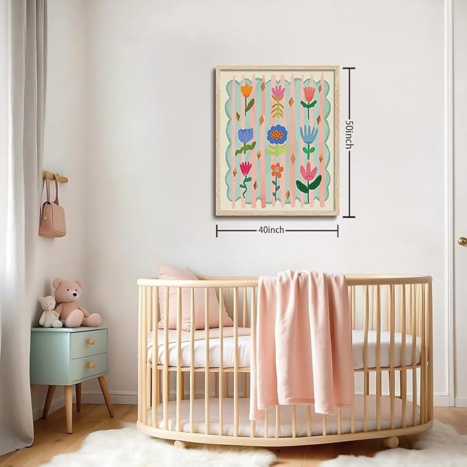 KISSFOX Framed Wall Art Nursery Wall Decor Cute Floral Pictures Kids Colorful Flower Canvas Art Boho Whimsical Paintings Artwork For Children Boys Girls Room