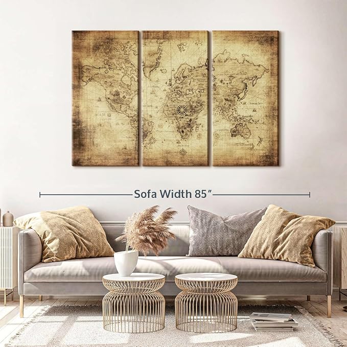 ElephantStock Ancient World Map Wall Art Multi Piece Canvas - 3 Piece Canvas World Map Wall Decor - Wall Decor - Ready-to-Hang Print - Vintage Wall Art - 65" X 42"