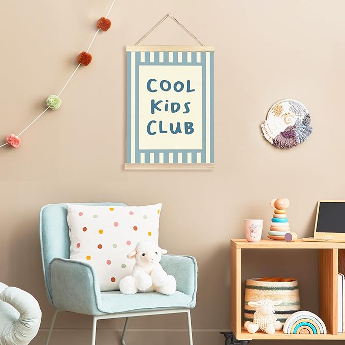 Hiuwevt Kids Room Wall Art, Cool Kids Club Poster Hanger Frame, Preppy Blue Striped Wall Art Home Decor for Boys Toddler Nursery Room Bedroom Playroom, 12x16 Inch