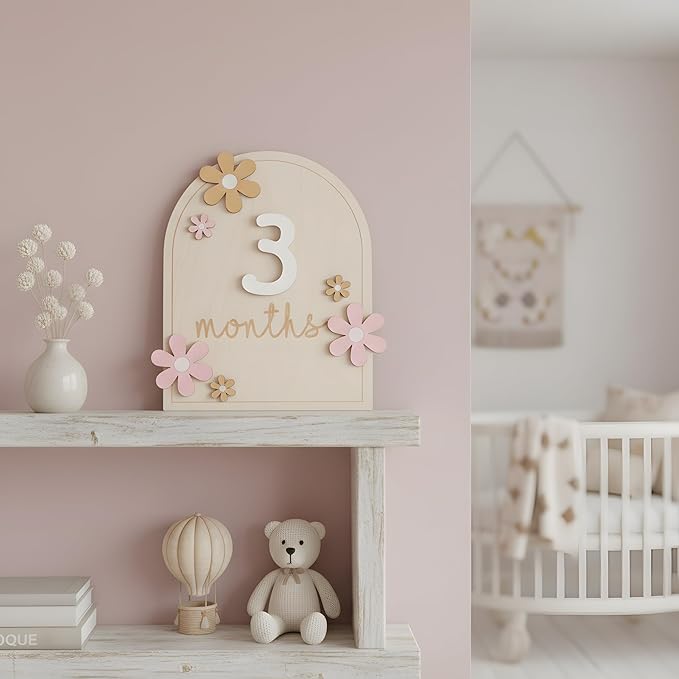 Baby Monthly Milestone Sign,1-12 Monthly Milestone Signs, Baby Girl Nursery Decoration, Newborn Photography Props Double-Sided (M01)