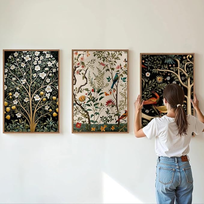 MTFBWY Vintage Botanical Wall Art Set of 3 – Framed Bird and Flower Canvas Modern Art Prints, Nature Tree Triptych Painting, Whimsical Gallery Wall Decor for Living Room Bedroom Office, 16L x 12W