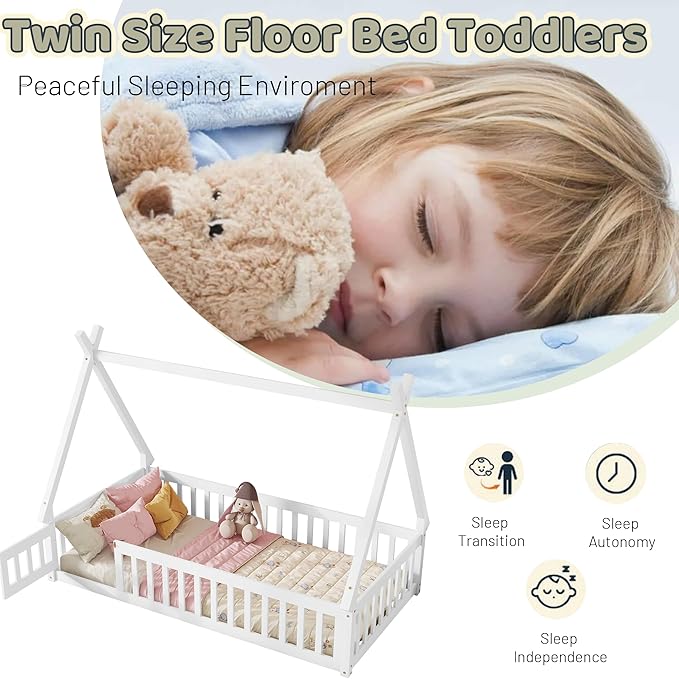 Twin House Bed Frame with Fence Rails and Door,Wood Montessori Floor Bed with Slats Support,Teepee Tent Beds Kids Bed Frames for Girls Boys, White