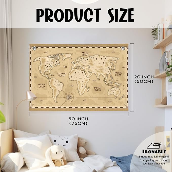 Wheatwin World Map Wall Art Banner for Kids 20x30, Vintage World Maps for Wall, World Map Cute Animal Educational Tapestry Wall Hanging Canvas Wall Decor Banner Flag Decor for Kids Room Playroom Classroom