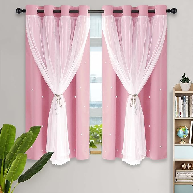 Kinryb Princess Curtains for Girls Bedroom with Sheer Overlay,Double Layer Curtain for Living Room with Star Cutout, Curtains for Kids Room (52 W*45 L Inches,2 Pcs Pink)