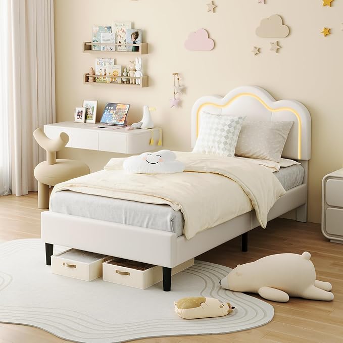 GarveeHome Twin Upholstered LED Bed Frame with Headboard, Faux Leather Princess Platform Bed Frame for Kids, Wooden Slats Support, No Box Spring Needed (Cream, Twin)