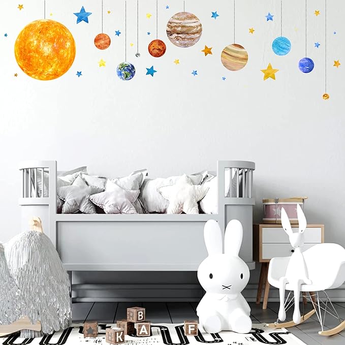 Planets and Space Wall Decals, Removable Solar System Wall Stickers, Cartoon Stars Wall Décor, Peel and Stick Universe DIY Art Murals Vinyl Wallpaper for Kids Boys Bedroom Nursery Decoration