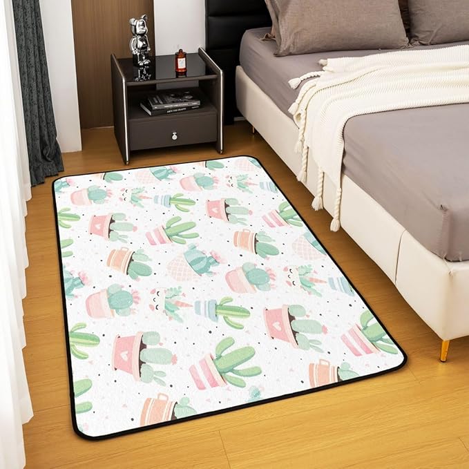 jejeloiu Cute Cactus Decorative Carpet Area Rug 4x5 Kids Boys Girls Green Botanical Living Room Rugs for Bedroom Area Rug 4x5 Carpet Kitchen