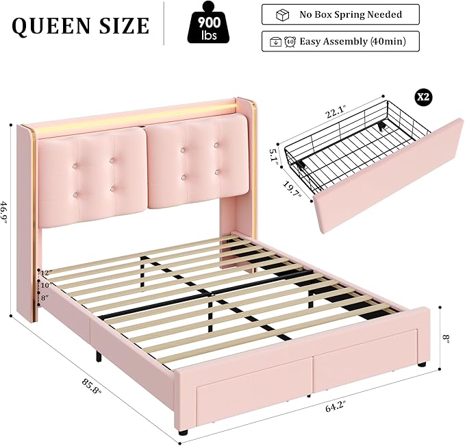 HITHOS Upholstered Queen Led Bed Frame with Charging Station and Storage Drawers, Velvet Princess Platform Bed Frames with Crystal-Button Tufted Headboard for Girls and Kids, No Box Spring Need, Pink