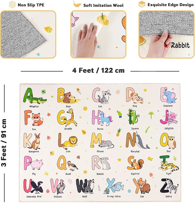 Kids Rugs for Playroom, 3x4 Feet Educational Rug for Learn The ABC Alphabet, Soft Machine Washable Non-Slip Cute Cartoon Animals Carpet for Classroom Toddler Nursery Kids Room Decor, Beige