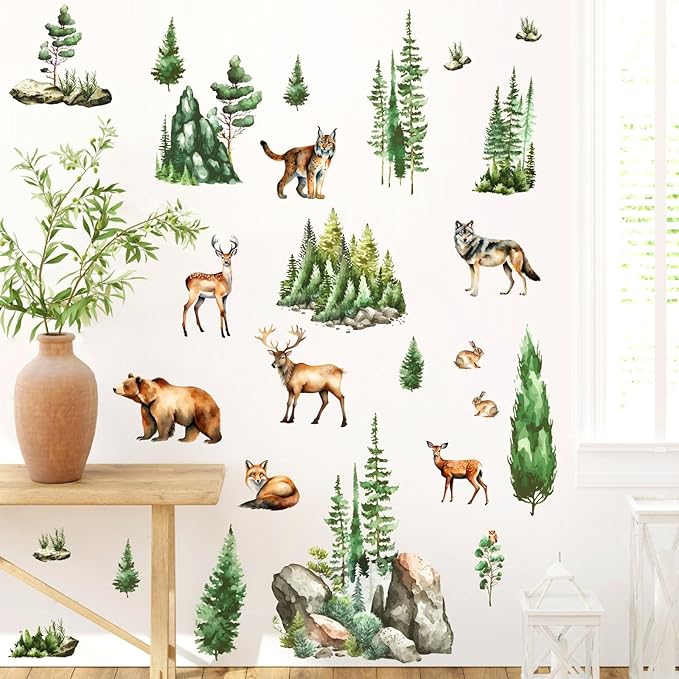 Woodland Animal Window Stickers Clings Watercolor Mountain Animal Tree Wall Decals Green Pine Tree Window Decals Forest Animals Wall Stickers Woodland Window Decoration for Bedroom Living Room