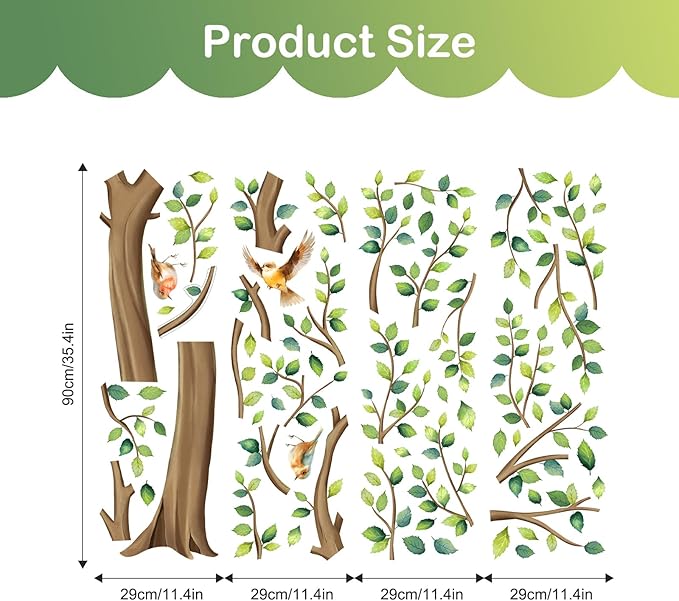 Tanlaby Large Tree Wall Stickers Green Leaves Birds Wall Decals Peel and Stick Falling Leaf Art Decor for Kids Girls Nursery Room Bedroom Living Room Kindergarten (H: 64 inch)