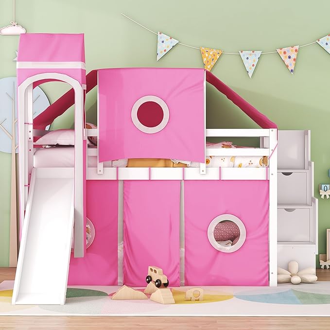 Playhouse Full Size Low Loft Bed with Slide & Tent and Tower, Solid Wood Tent Bed Frame with Storage Staircase for Kids Teens Boys Girls, Versatile Spacious Under Bed Space with Curtains (Pink-TXF)