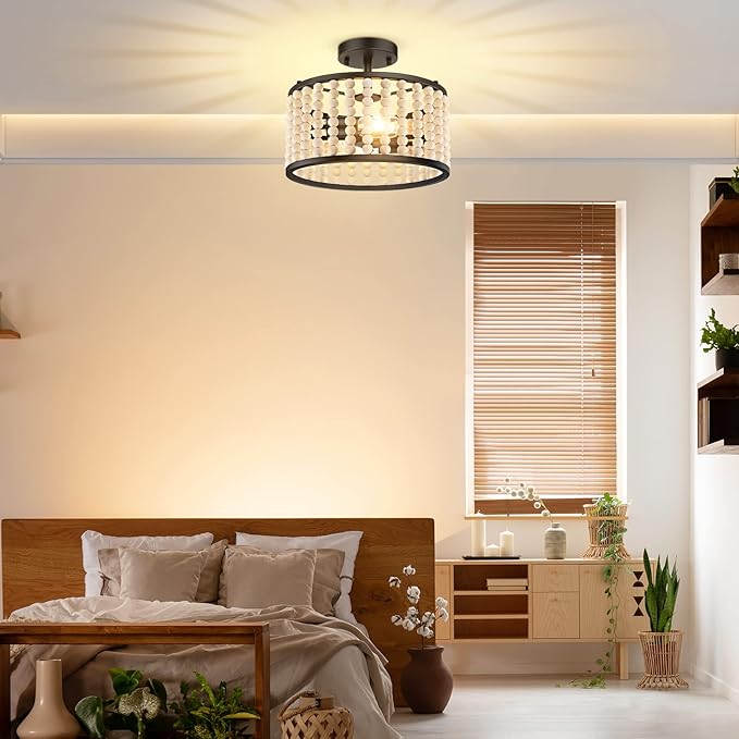 Farmhouse Boho Light Fixture - Wood Beaded Chandelier, Rustic Semi Flush Mount Ceiling Light, Black 2-Light Nursery Light Fixture for Kitchen Island Foyer Hallway Bedroom Living Room, E26 Base