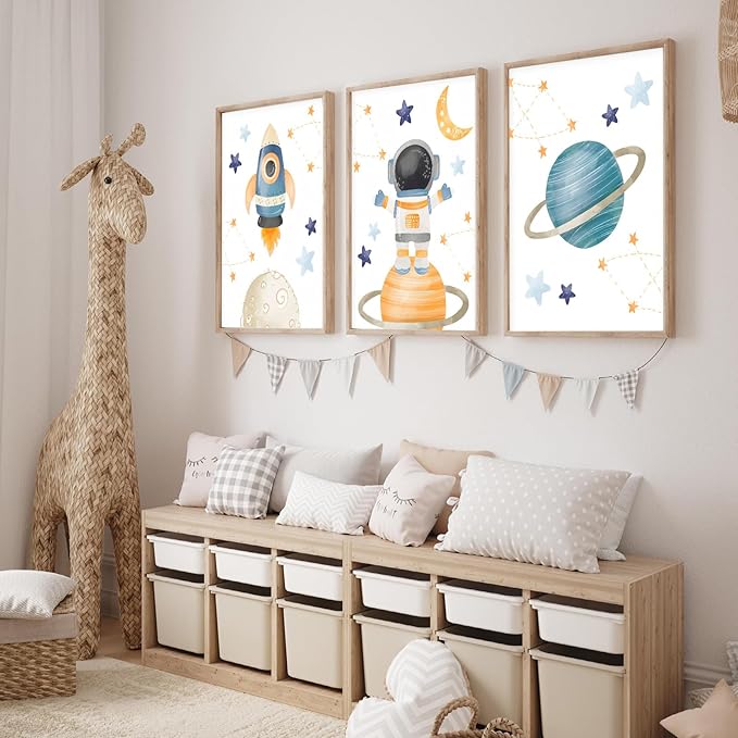 Space Wall Art Soft Pastels Space Wall Art for Boys 3 Piece Rocket Astronaut Planet Set (12x16 Inch Unframed Decor Toddler Nursery Art Whimsical Bedroom Posters)