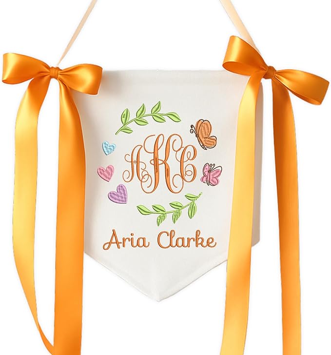 Embroidered Baby Name Sign with Bows Personalized Baby Announcement Sign Newborn Baby Banner Baby Hospital Name Sign Canvas Hanging Pennant Flag Custom Infant Baby Name Baby Shower Banner (03)