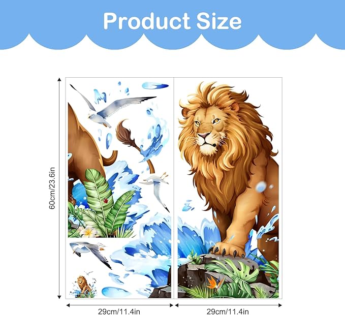 Tanlaby Lion Wall Decals Jungle Animal Wall Sticker with Leaves Waves Seagulls Peel and Stick Tropical Safari Animals Art Decor for Baby Nursery Boy Kids Toddler Bedroom Playroom