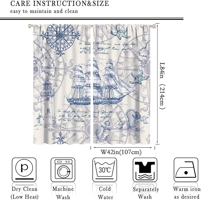 Nautical Sailboat Map Curtain,Ship Compass Lighthouse Anchor Decorative Curtain Polyester Fabric Waterproof Bedroom Curtain Set 2 Panels,84x84 Inches