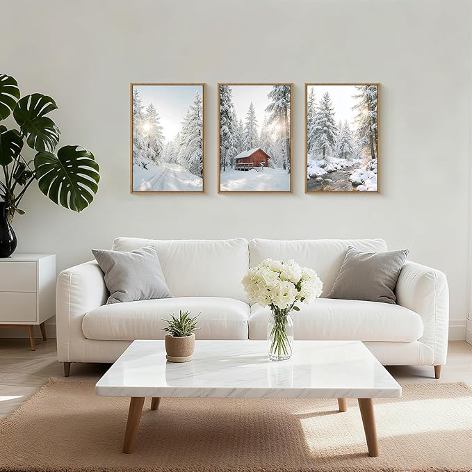 FWIEXA Christmas Winter Canvas Wall Art Set 3, Red Barn Snowy Forest Framed Prints, Farmhouse Cabin Pine Tree Paintings, 16x24In Country Stream Landscape Artwork for Holiday,Gift,Living Room,Bedroom