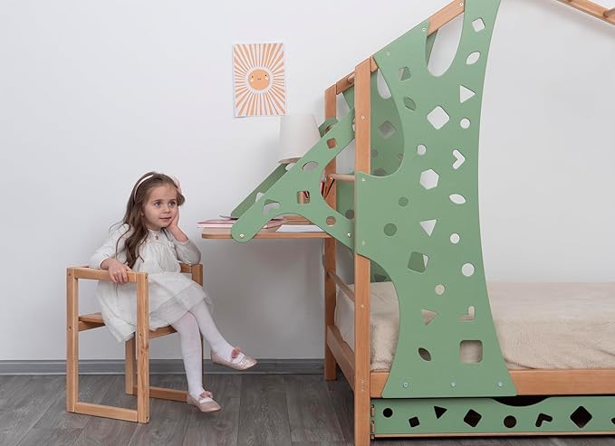 BUSY WOOD Monkey Bed – Twin Frame with Storage & Removable Table – Montessori Indoor Playground – Jungle Gym Furniture for Kids – Toddler Sleeping Frame with 2 Drawers