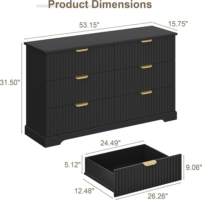 Fluted Dresser with 6 Drawers for Bedroom, 53.14" Wide Dresser with Metal Handle, Wooden Chest of Drawers for Bedroom, Living Room, Entryway, Black