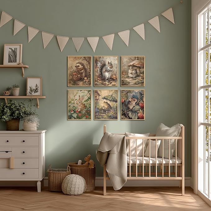 6 Pcs Woodland Animal Nursery Canvas Wall Art Vintage Forest Animal Nursery Paintings Posters Rustic Cottagecore Bunny Pictures for Gallery Kids Room Girls Boys Home Decoration (8x10inch Unframed)