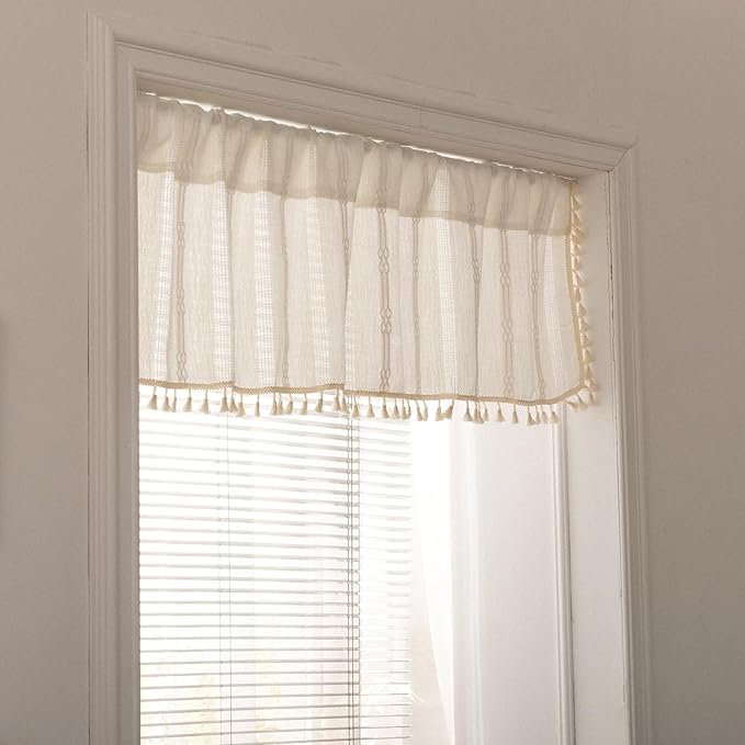 Deeprove White Boho Valance with Tassels Linen Kitchen Short Embroidered Curtain. Farmhouse French Country Rustic Small Window Treatment for Cafe Closet Laundry Dining Restaurant 1 Panel W52 x L18