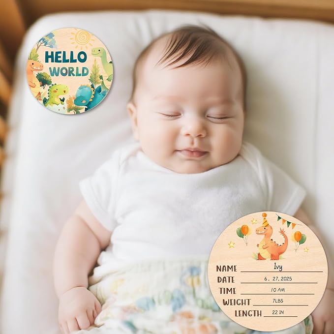 Baby Monthly Milestone Cards Sign - 13Pcs Double Sided Dinosaur Milestone Cards, Dino Pattern Wooden Circles Discs for Photo Props Newborn Announcement Marker, Baby Shower Newborn Sign Card Gift Set