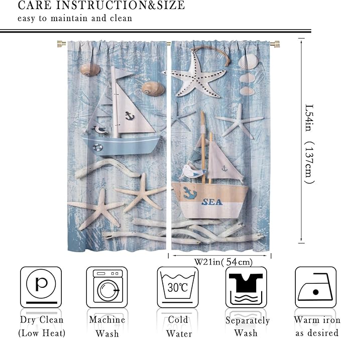 Nautical Curtain,Navy Anchor Sailing Map Starfish Seashells Bedroom Curtain,Waterproof Washable Fabric for Bedroom Decor Set 2 Panels,42x54 Inches