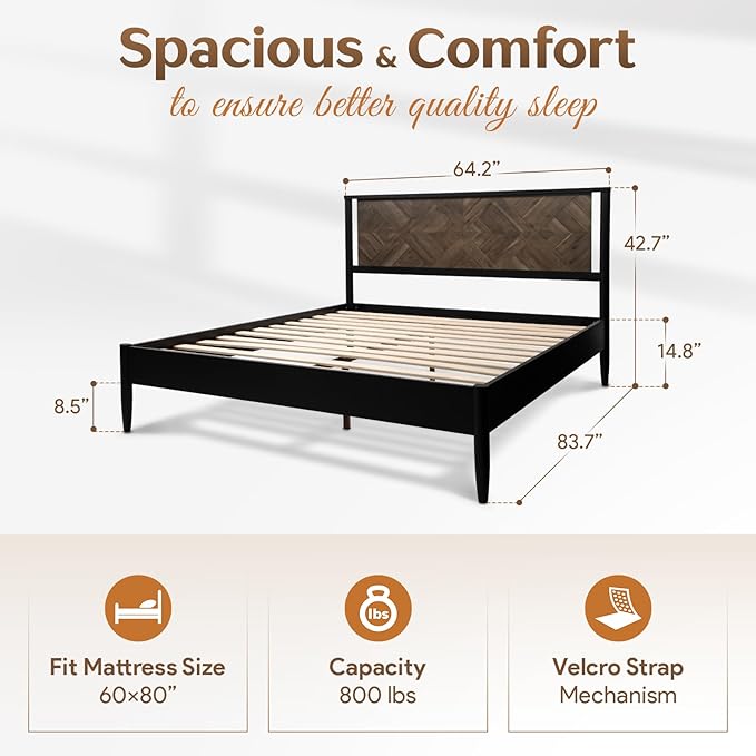 Lenia Queen Bed Frame with 2 Matching Nightstands – Modern Wood Platform Bed Set, Chevron Diamond Design, No Box Spring Needed, Slatted Support (Mocha Black, Queen)