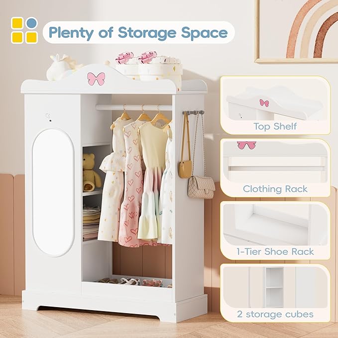 Kids Armoire with Jewelry Cabinet, Kids Dress Up Storage with Shelves, Girls Wardrode Costume Organizer with Full Length Mirror, Children Closet with Armoire for Bedroom, Kids Room, Girls