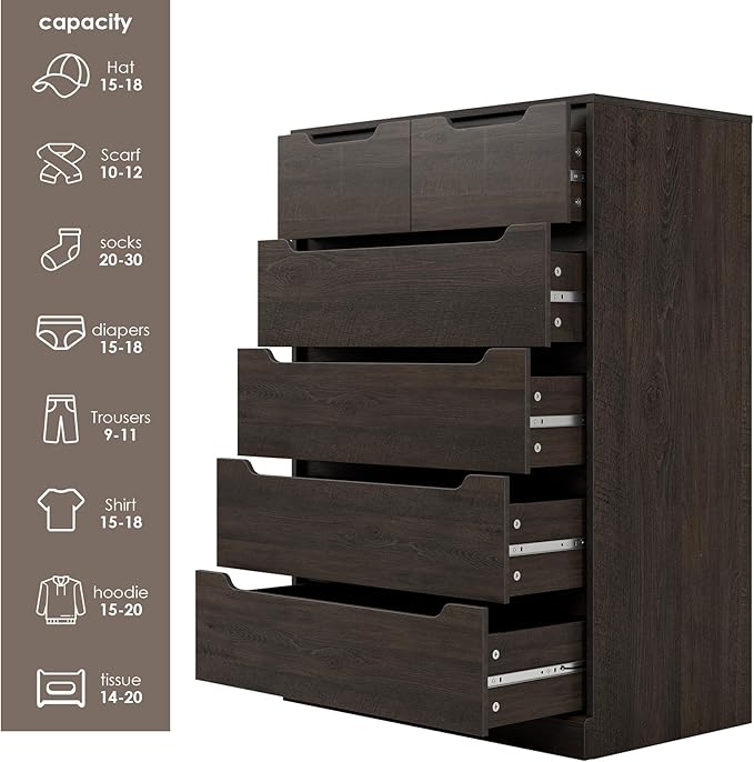 HOSTACK Modern 6 Drawer Dresser for Bedroom, Tall Chest of Drawers with Storage, Large Wood Storage Chest Organizer with Cut-Out Handle, Accent Storage Cabinet for Living Room, Hallway, Dark Brown
