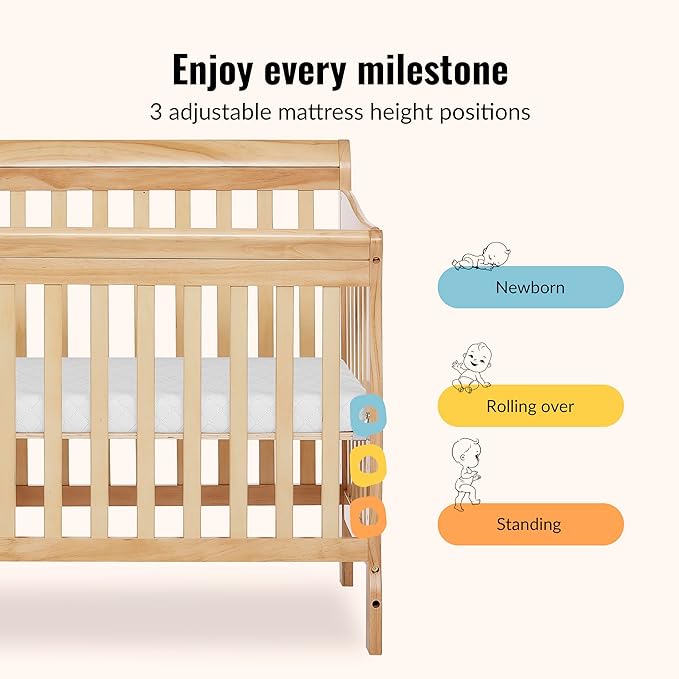 Dream On Me Aden 4-in-1 Convertible Mini Baby Crib in Natural, GreenGuard Gold & JPMA, Sustainable Pinewood, Non-Toxic Finish, 3 Mattress Heights, Converts to Mini Day & Twin-Size Bed