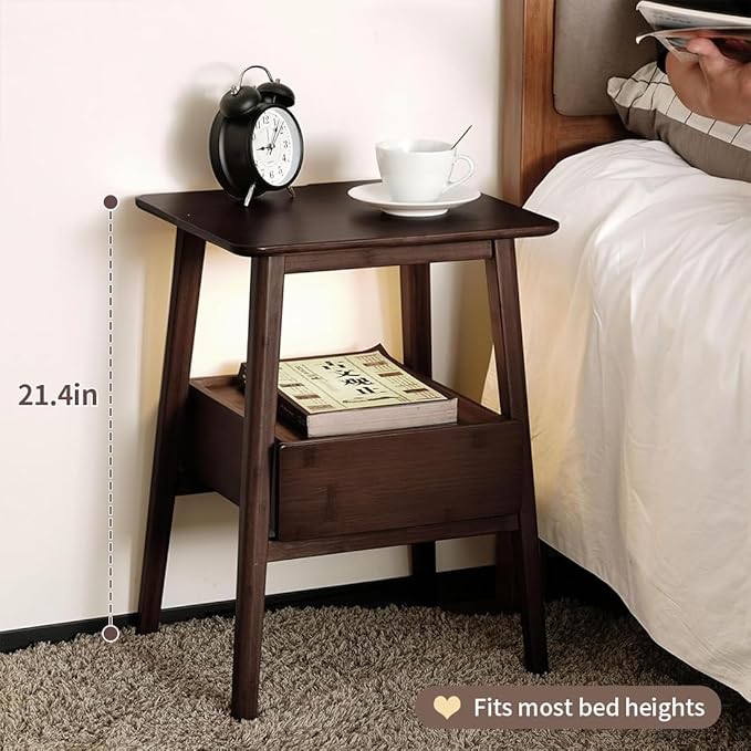 Night Stand with Drawer, Mid Century Modern Nightstand, Bedside Tables with Open Storage Shelf,Large Storage End Table, Bamboo Night Stands for Bedrooms