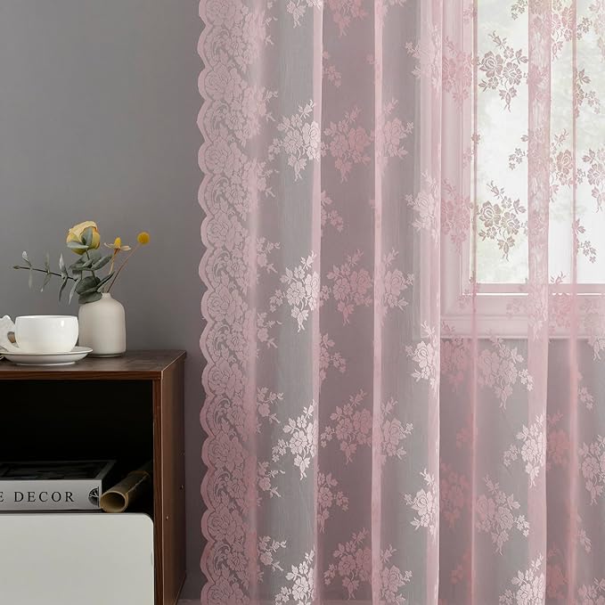 Kotile Pink Lace Curtains 84 Inches Long, 2 Panels, W42 x L84 Inch Each, Country Rustic Floral Pink Colored Sheer Curtains for Living Room, Rod Pocket Privacy Light Filtering Vintage Lacy Curtain