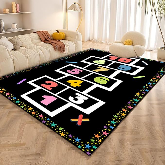 Hopscotch Rug for Kids, 5x6ft, Colored Star Pencil Toddler Play Mat, Non-Shedding Pet Friendly Low Pile Rugs, Dirty Resistant Foldable Non Slip Carpets for Indoor Nursery Floor