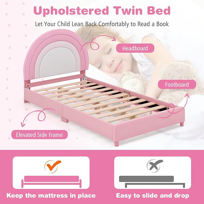 Costzon Twin Bed Frames with Adjustable Headboard, 660 LBS Weight Capacity Upholstered Wooden Kids Bed w/Slats Support, No Box Spring Needed, Easy Assembly, Twin Platform Bed Frame (Pink Rainbow)