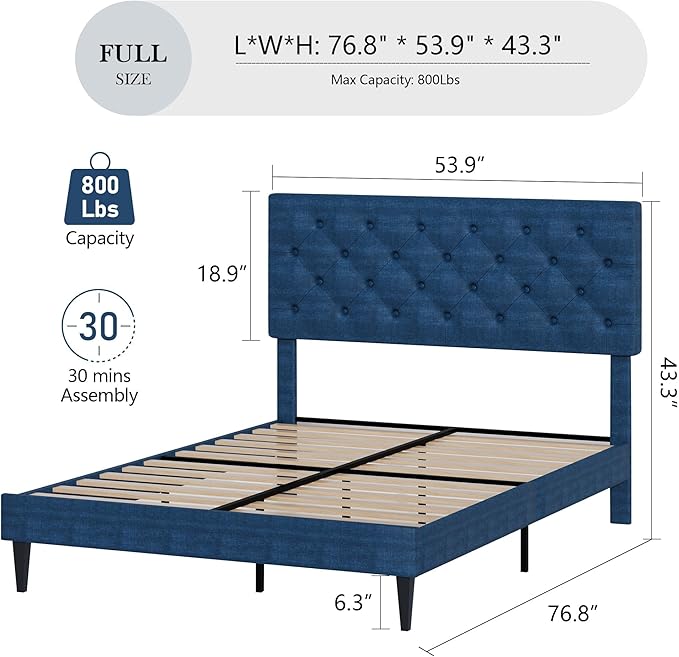 BarnFurin Full Size Bed Frame with Button Tufted Headboard, Upholstered Platform Bed with Wooden Slats Support, No Box Spring Needed, Easy Assembly, Navy Blue
