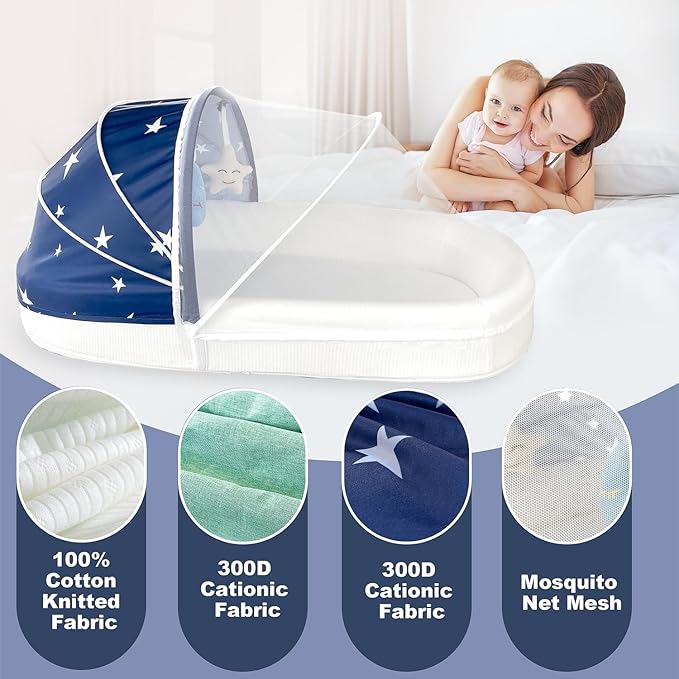 Large Portable Baby Lounger Nest-Travel Bassinet,Canopy & Mosquito Net-Lightweight Foldable Bassinet Lounger Cotton Cover & Supportive Mattress pad Washable Indoor-Outdoor Use,Blue