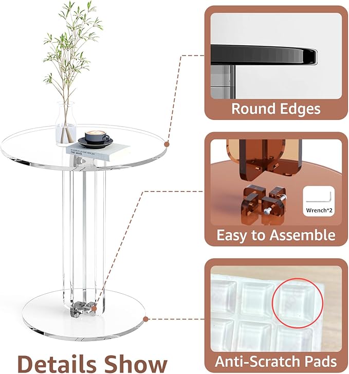 Round Acrylic Side Table, Modern Accent End Table, Minimalist Bedside Night Stand, Small Coffee Tables for Living Room Office Bedroom Indoor Home Decor, Transparent