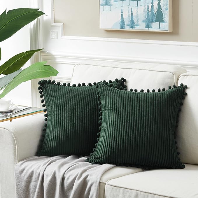 Fancy Homi Set of 2 Dark Green Boho Decorative Throw Pillow Covers 18x18 Inch with Pom-poms for Living Room Couch Bed Sofa Bedroom Indoors, Modern Farmhouse Boho Vintage Army Green Home Decor