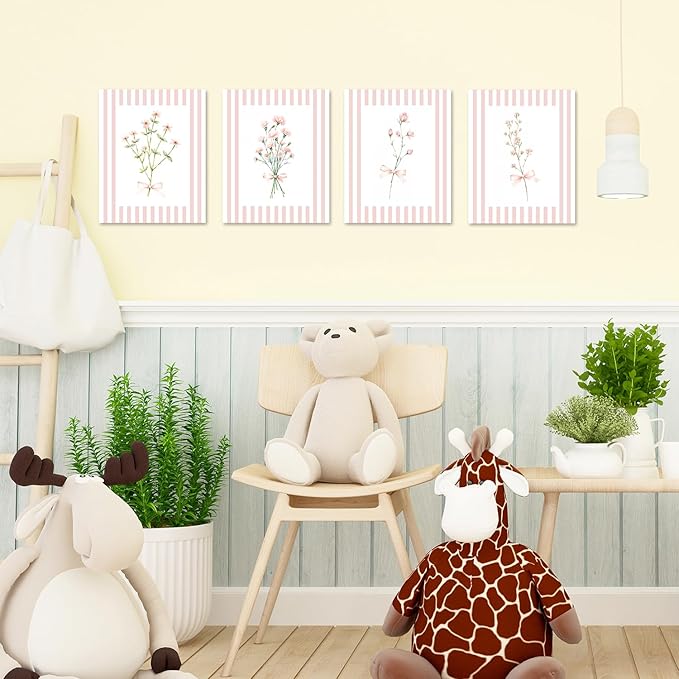 JINYO Coquette Pink Bow Floral Wall Art Prints Set of 4, Floral Room Decor, Preppy Pink and White Striped Flower Posters Pictures Wall Decor for Girls Room Bedroom Dorm Home, 8x10 Unframed